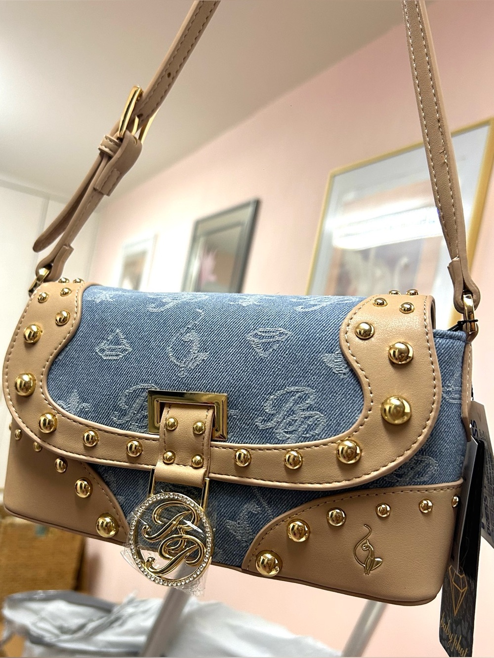 Baby Phat blue denim and sand tan shoulder bag gold-tone stud
